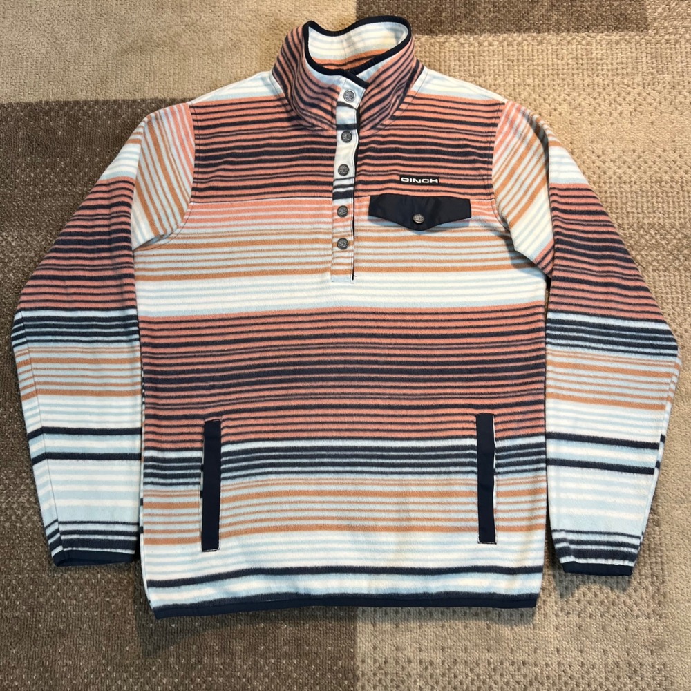 Cinch Womens Striped Polar Fleece Snap Pullover Sweater S Earth Tone Multi Color